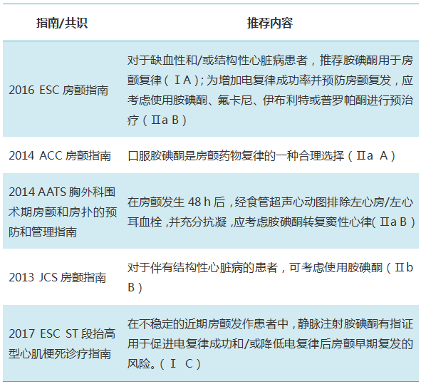 表2 近些年各项指南对胺碘酮在房颤复律方面的推荐