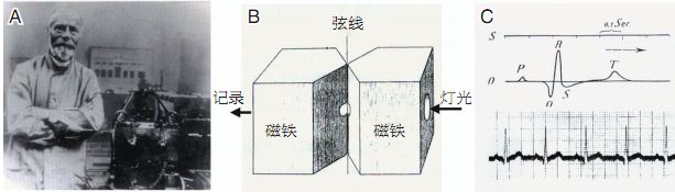 最终,他受阿德(ader)于1897年发明的弦线式电流计的启发,决心将之改造